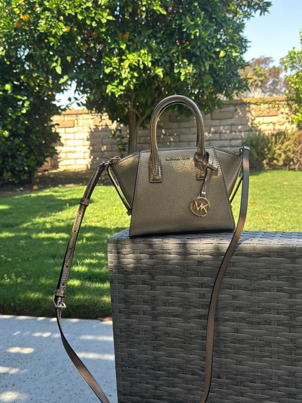 Michael Kors Gold Metallic Satchel with MK Charm - Picture 3 of 4